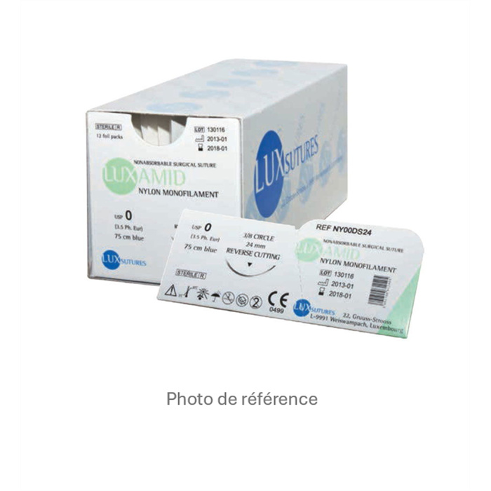 Suture LUXAMID 1.0 3/8 Reverse cutting 19mm, 5/0, 75mm, 
box of 12 Suture LUXAMID 1.0 3/8 Reverse cutting 19mm, 5/0, 75mm, 
box of 12